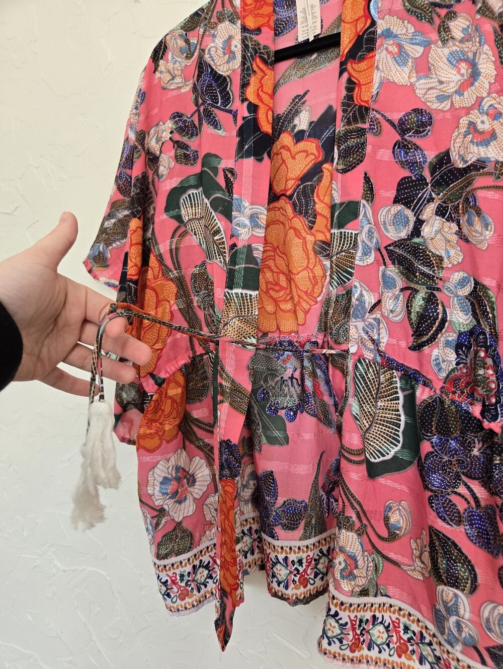 Free People Metallic Stripe Floral Drawstring Waist Pink Orange Kimono Top, OS - Picture 4 of 11